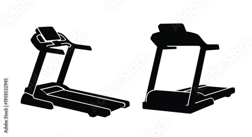 Two black treadmills in profile view a minimalist silhouette