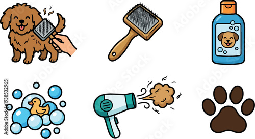 Flat design smiling brown dog being brushed by hand with slicker brush shampoo bottle bubbles and hairdryer in studio lighting