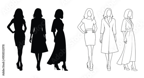 Fashionable women in various poses including a striking silhouette