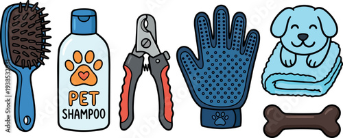 Flat design cute pet grooming set with brush shampoo clippers grooming glove towel and bone arranged on white background smiling