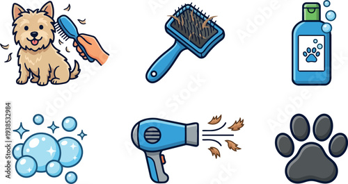 Flat cartoon vector sticker set of small terrier being brushed with grooming tools shampoo bubbles hairdryer paw closeup hand sideview