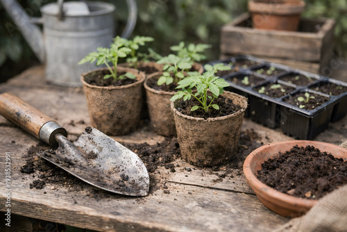Young seedlings growing in small biodegradable pots on a wooden gardening table with soil and tools