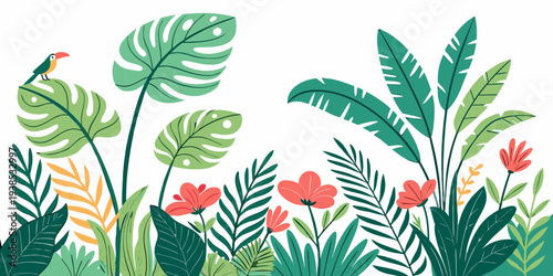 Vibrant tropical plants and flowers in a lush garden setting with green foliage and colorful blooms Vector