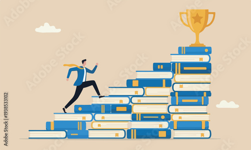 Stair to success, modern, flat design with clean lines and minimal shading or big books challenge to reach goal, growth or ambition concept, businessman running up stair to reach goal