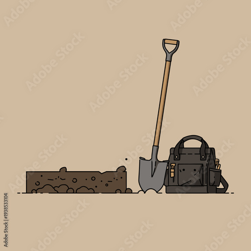 A shovel is stuck in a mound of freshly dug dirt next to a black work bag on a plain background.