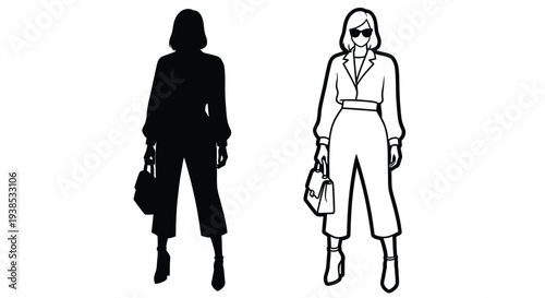 Fashionable woman presented in both outline and dark silhouette