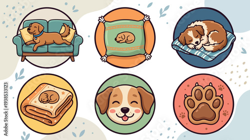 Flat design set of six playful dog sleeping icons showing curled puppy, paw print, cozy blanket, couch scene, smiling face