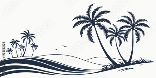 A serene beach scene with palm trees swaying in the gentle ocean breeze Vector