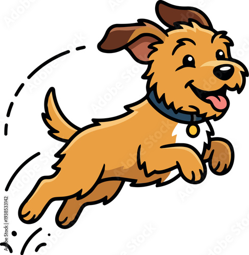 Cartoon mascot playful jumping brown terrier leaping midair with blue collar looking at viewer in energetic outline flat vector art