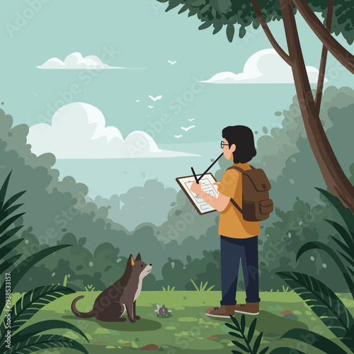 A person sketching in a notebook with a dog companion in a lush green forest setting with birds flying overhead.