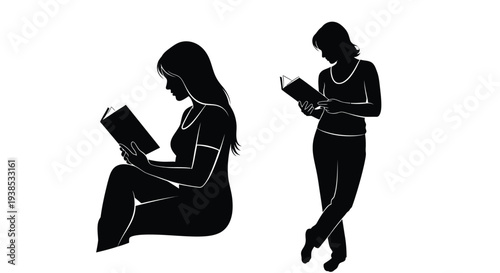 Two women reading books in contrasting poses a striking silhouette