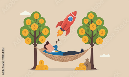 Passive income, big rocket no by make profit or dividend from investment and achieve financial freedom concept, happy rich businessman sleeping in hammock tied on money tree with dollar coins