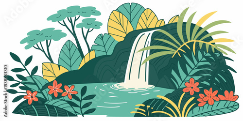 A vibrant tropical landscape with a waterfall and lush vegetation Vector