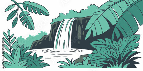A serene waterfall cascading through lush green foliage in a tropical forest. Vector