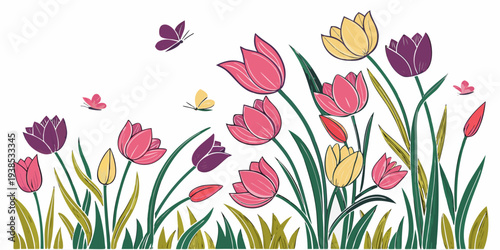 A vibrant and colorful illustration of a meadow filled with various flowers and butterflies Vector
