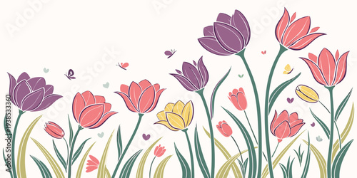 A vibrant field of colorful flowers with green stems and leaves Vector