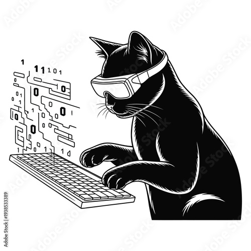 Black cat wearing VR goggles typing on keyboard surrounded by digital data streams and binary code, representing artificial intelligence