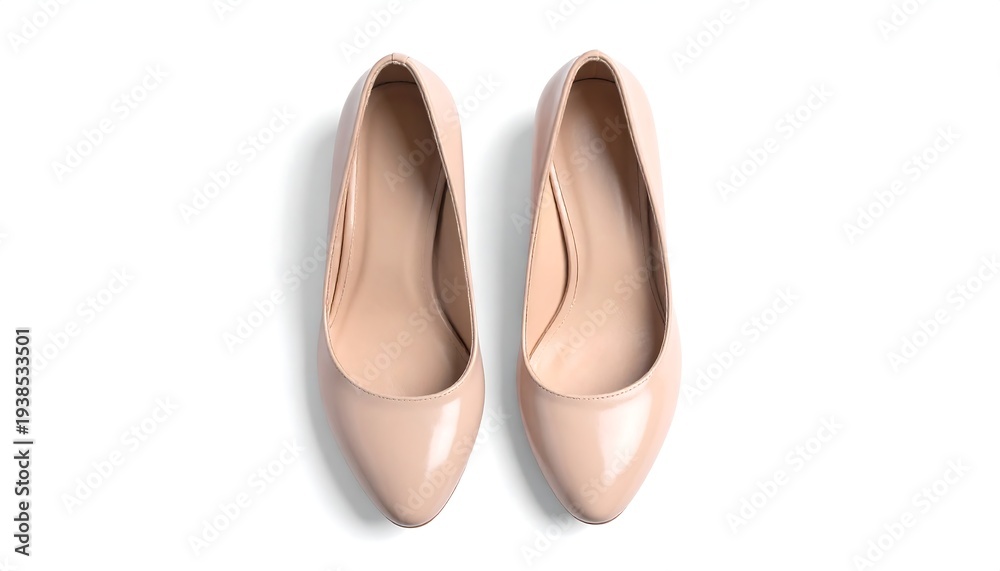 Fototapeta premium Two nude-colored women's shoes are placed side-by-side against a white background
