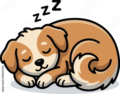 Cute cartoon vector close up sleeping brown and white puppy curled up looking peaceful on white background with zzz soft shadow