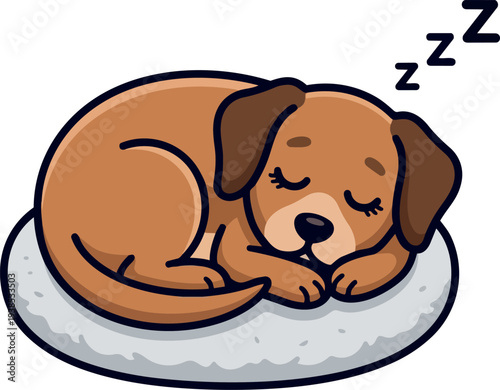 Kawaii flat vector sleeping brown puppy cute curled on fluffy round bed with closed eyes and zzz symbol side view