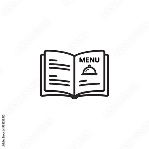 A minimalist illustration of an open menu book, elegantly showcasing its content, perfect for restaurants and culinary concepts.