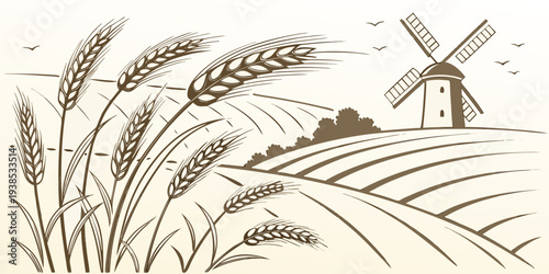A picturesque landscape featuring tall wheat plants and a distant windmill Vector
