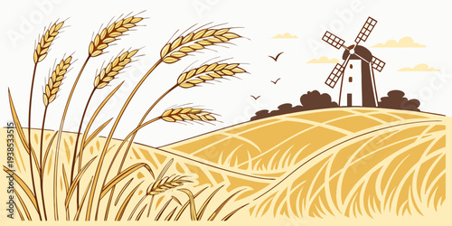 A serene landscape featuring a windmill and a farmer tending to a wheat field Vector