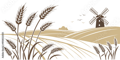 A serene landscape with a windmill and tall grass under a clear blue sky Vector