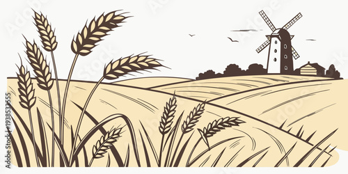 A picturesque scene of windmills in a vast field of golden wheat under a clear blue sky Vector