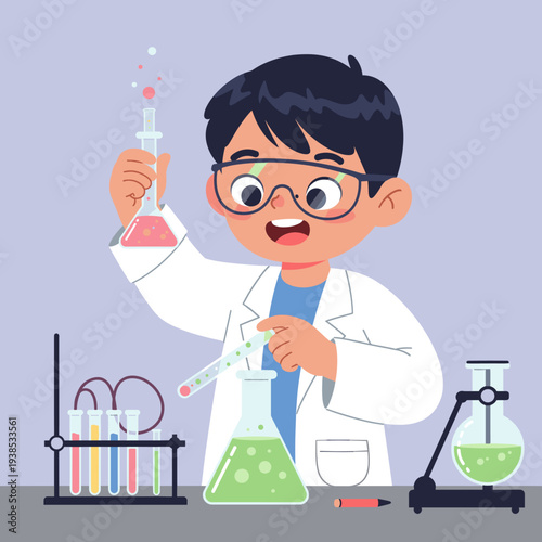 A young boy in a lab coat and safety goggles conducting a science experiment with colorful liquids in test tubes and flasks.