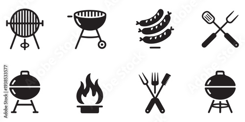 BBQ Grill and Barbecue Icon Set with Sausages, Fire and Cooking Tools