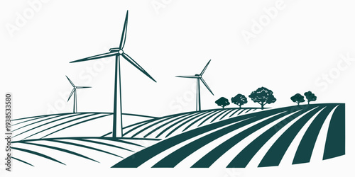 Wind turbines generating clean energy in a vast agricultural field under clear skies. Vector