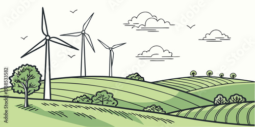 Wind turbines and birds in a verdant landscape under a clear sky Vector