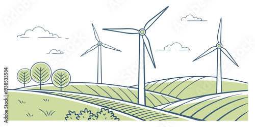 Wind turbines generating clean energy in a lush green landscape with a blue sky Vector