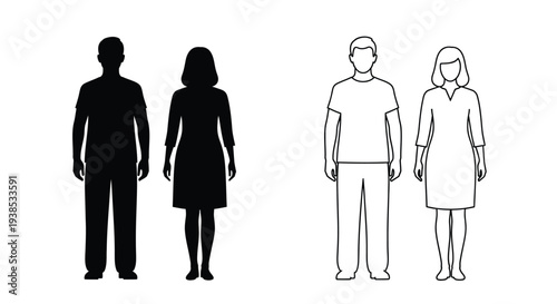 Four figures two solid black and two outlined in a comparative view silhouette