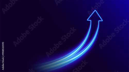 Neon lines combining upward. Blue glowing arrow up. Growth, synergy, success. Futuristic tech concept on dark gradient background.