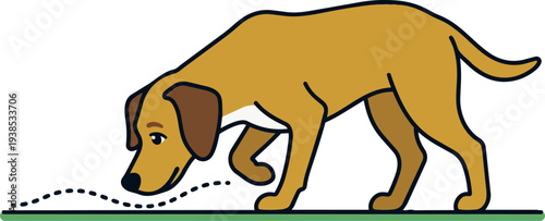 Flat design side view brown dog sniffing dotted scent trail on green ground line low angle looking down calm illustration