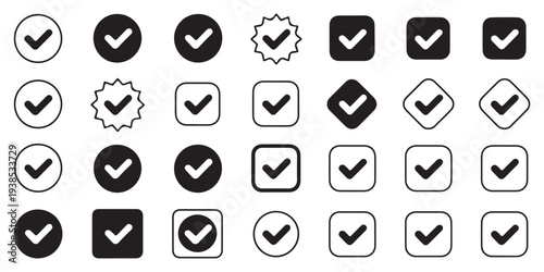 Checkmark Icon Set - Various Tick Symbols in Circles and Squares for Web and App Design