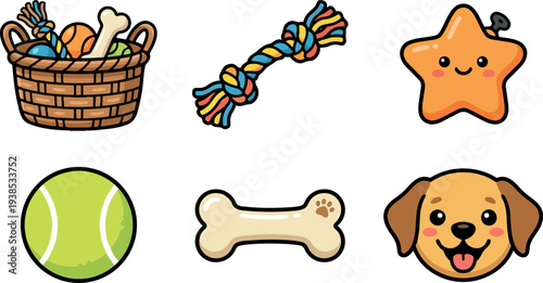 Kawaii flat vector set of six pet toys and happy puppy face close up on white background playful bright bold outline