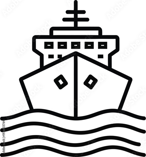 Front view line drawing of a large ocean vessel sailing forward across stylized wavy water surface during a voyage.