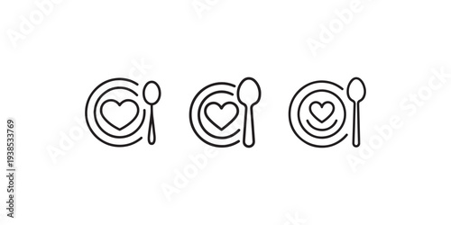 Three icons of plate with heart and spoon. Representing food, love, dining, meal, health, and positive eating experience.