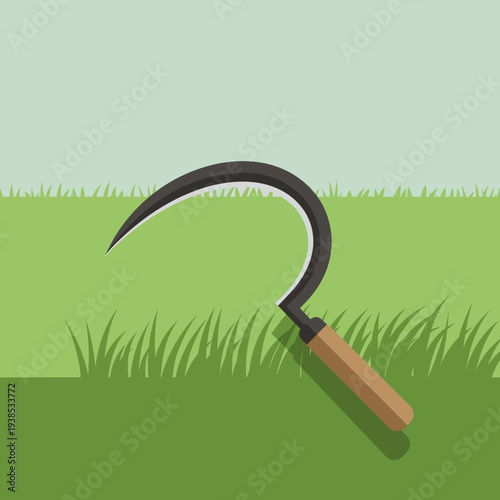 A simple, flat illustration of a sickle with a black blade and wooden handle lying on green grass.
