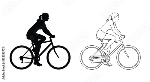 Two bicycle riders depicted in contrasting styles a striking silhouette
