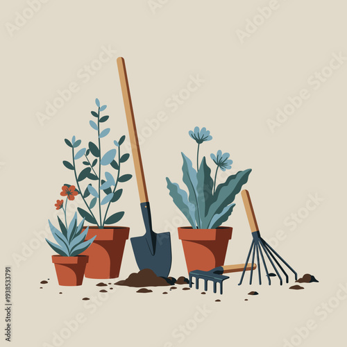 Illustration of gardening tools and potted plants, including a shovel, rake, and various green plants in terracotta pots, set against a neutral background.