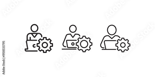 Professional developer working with laptop and gear icon set showing technical support and software engineering concepts in clean linear vector design