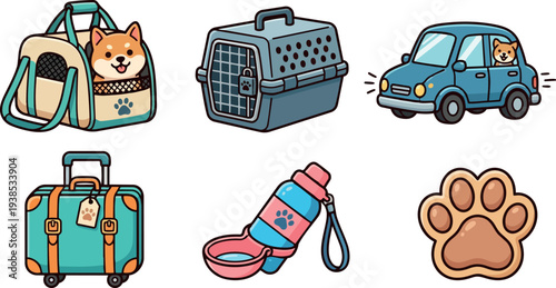 Whimsical kids doodle vector set showing shiba inu in carrier bag car and crate with suitcase water bottle paw print