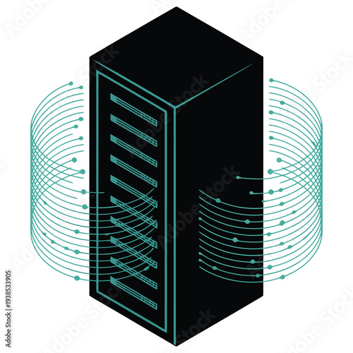 Tall server rack with glowing teal data streams emanating from it representing cloud computing and data storage