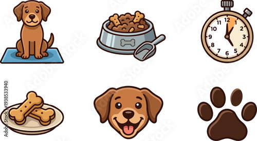 Cute cartoon vector icons showing happy brown puppy sitting on mat, smiling face, food bowl, bones, paw, stopwatch flat illustration