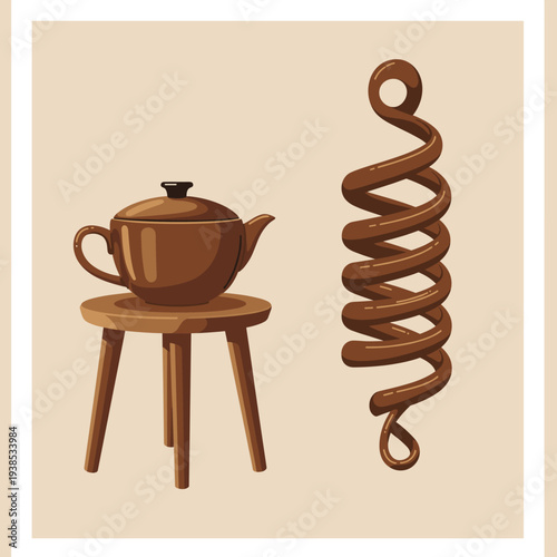 Illustration of a brown ceramic teapot on a wooden stool next to a tall, twisted brown spiral object.