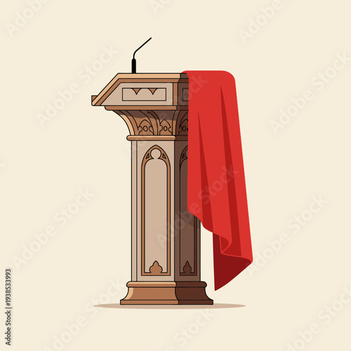 A detailed illustration of a classic wooden podium with a microphone and a red drape, set against a plain background.